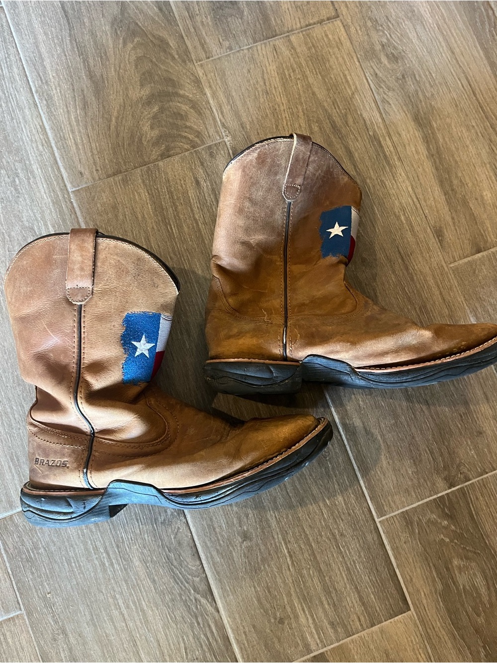 Braze'd Brown Leather Cowboy Boots with Texas Flag Patch